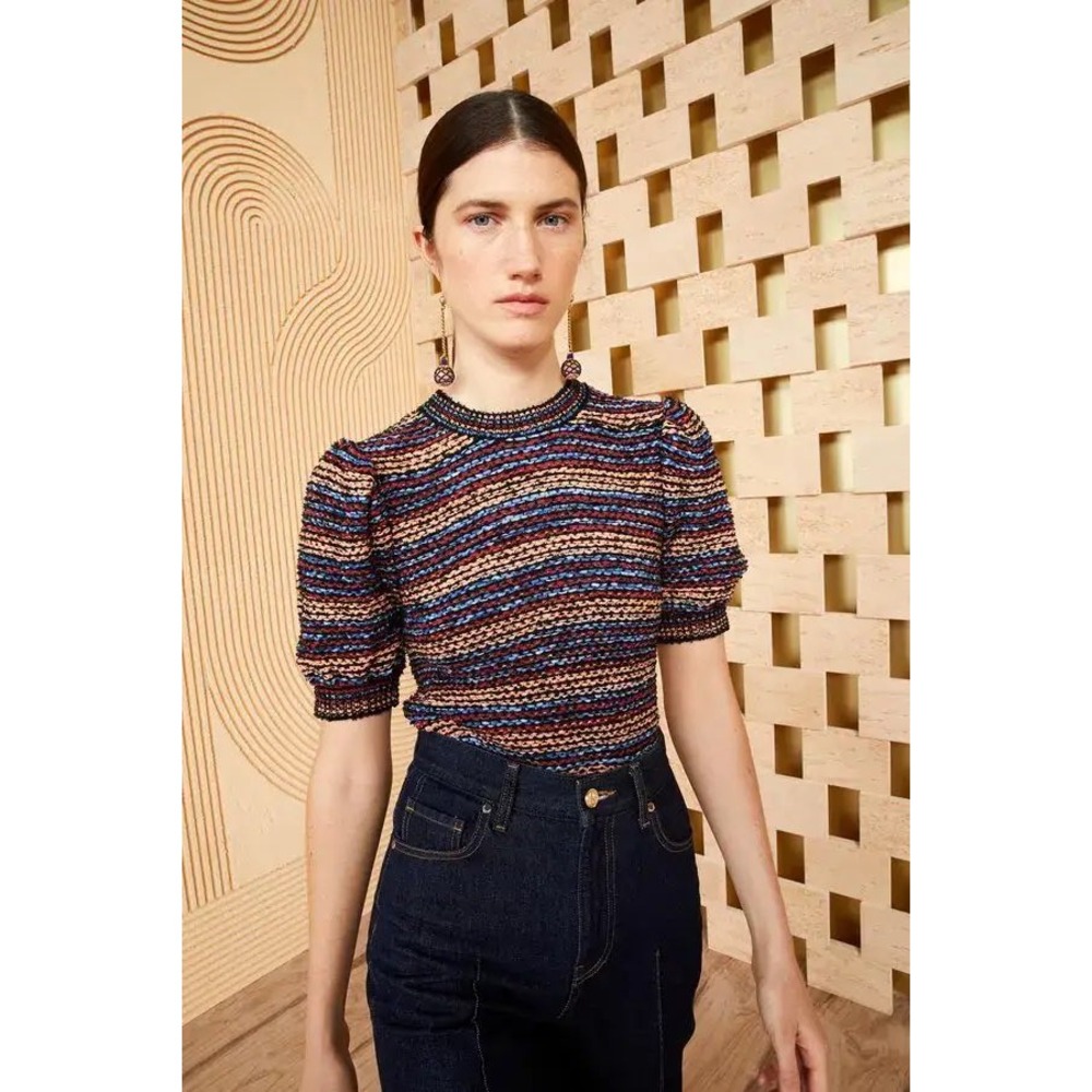 Ulla Johnson Elara Sweater Top Multicolor Striped Short Puff Sleeve Cotton S